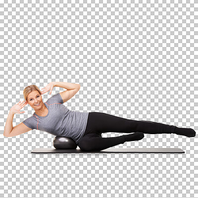 Buy stock photo Ball, fitness and portrait of woman training for wellness, health and core strength isolated in a transparent or png background. Happy, energy and healthy female person or athlete workout or exercise