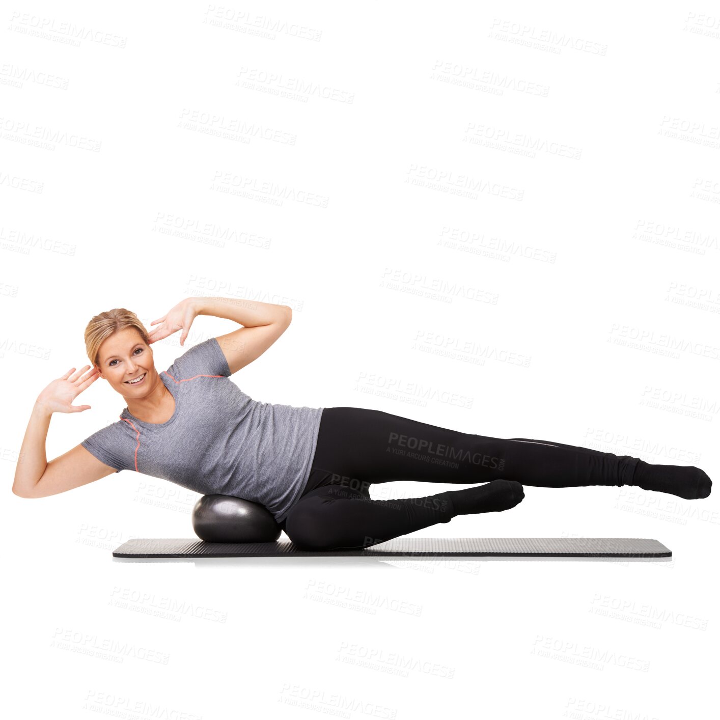 Buy stock photo Ball, fitness and portrait of woman training for wellness, health and core strength isolated in a transparent or png background. Happy, energy and healthy female person or athlete workout or exercise