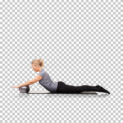 Buy stock photo Woman with exercise ball, pilates and stretching, training and health isolated on transparent png background. Body, active and healthy with female person and fitness, workout on mat and sports