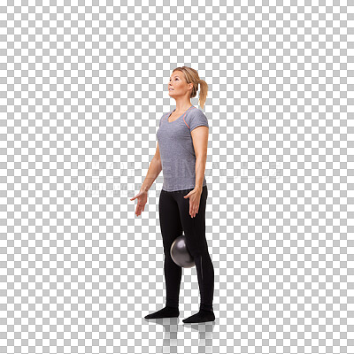 Buy stock photo Fitness, woman with a exercise ball and isolated against a transparent png background for health wellness. Workout or training, practice with sportswear and female athlete with sports equipment.