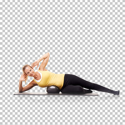 Buy stock photo Portrait, fitness and a sports woman training with an exercise ball isolated on a transparent background. Workout, yoga or pilates with a young female athlete using equipment for health on PNG