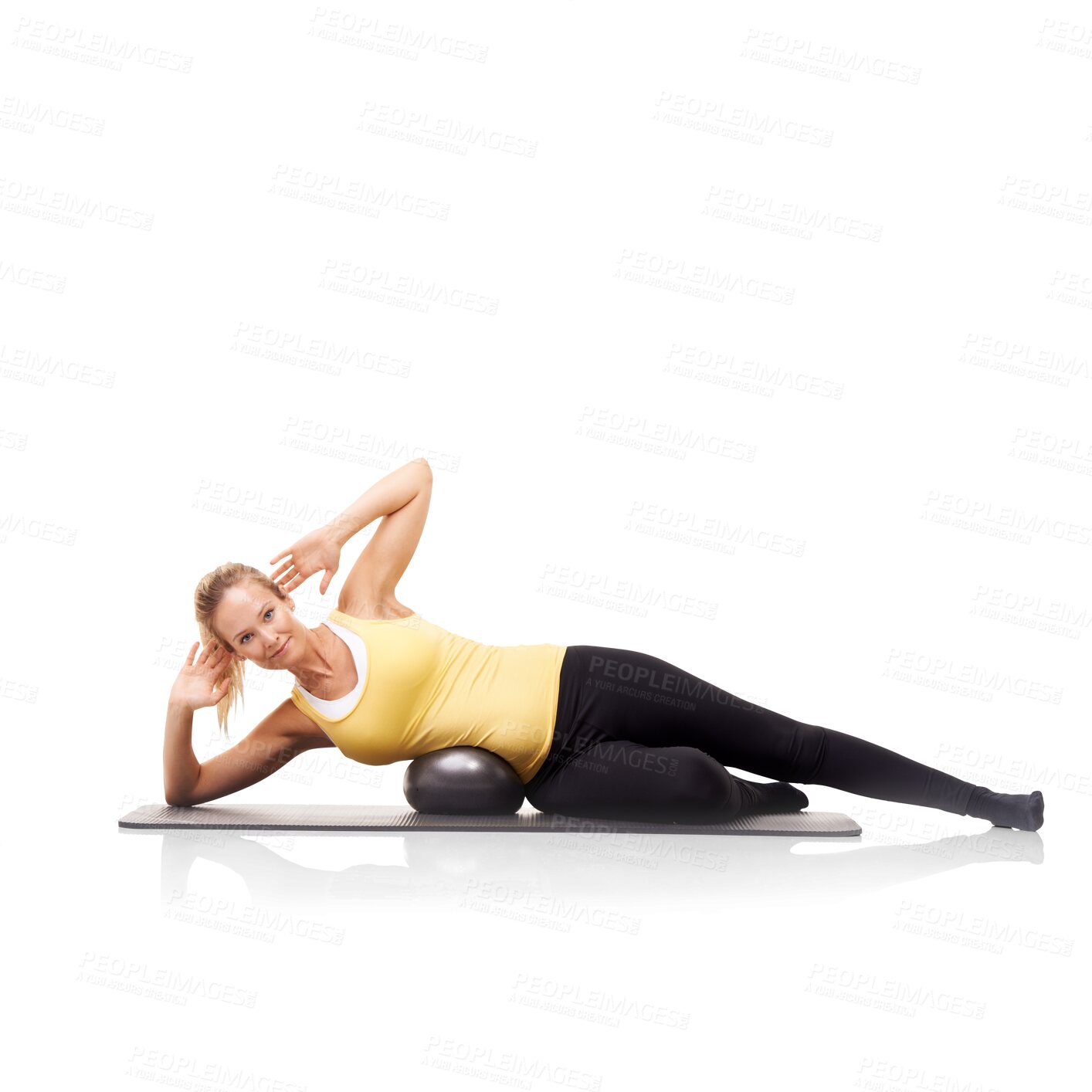 Buy stock photo Portrait, fitness and a sports woman training with an exercise ball isolated on a transparent background. Workout, yoga or pilates with a young female athlete using equipment for health on PNG