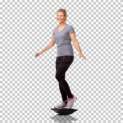 Buy stock photo Fitness, portrait and a woman on a buso ball and isolated against a transparent png background for training. Workout or exercise, happy or gym and female athlete with sports equipment for balance