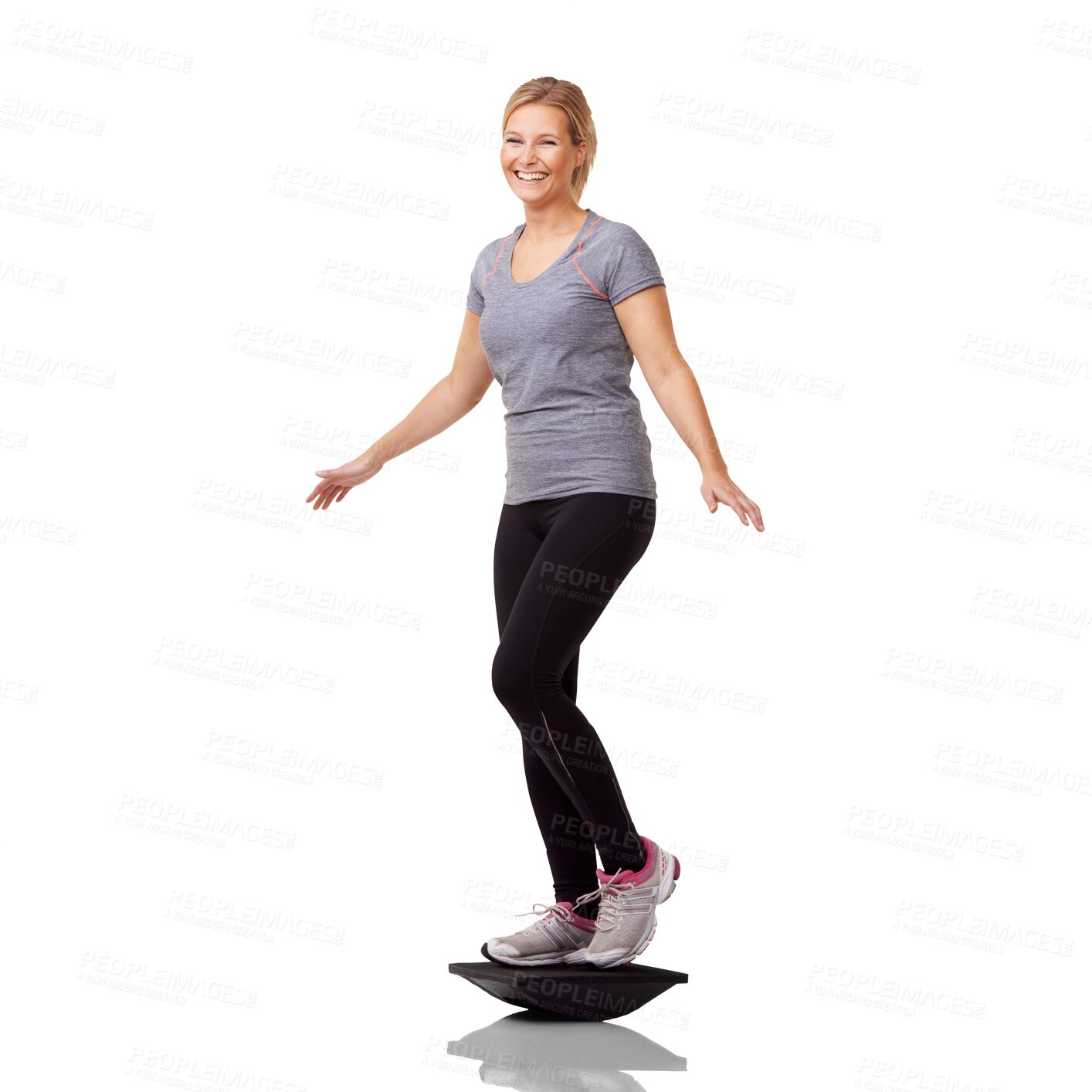 Buy stock photo Fitness, portrait and a woman on a buso ball and isolated against a transparent png background for training. Workout or exercise, happy or gym and female athlete with sports equipment for balance