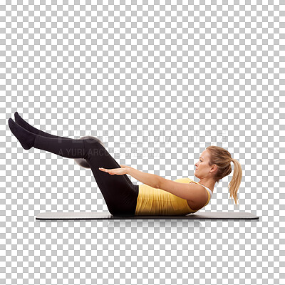 Buy stock photo Fitness, woman and sit up on mat for pilates, core and muscle training isolated on png transparent background. Sports, stretching and female person exercise, crunch abs in workout with health