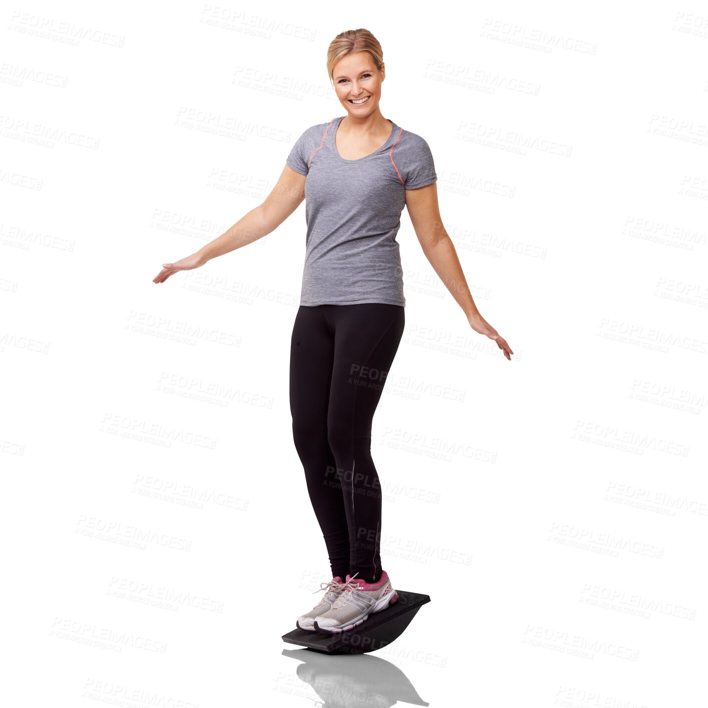 Buy stock photo Fitness, portrait and a woman on a bosu ball and isolated against a transparent png background for workout. Training or exercise, health wellness and young happy female athlete with gym equipment 