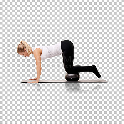 Buy stock photo Fitness, ball and woman workout core strength with equipment isolated in a transparent or png background. Athlete, wellness and healthy female person training or exercise for health or sports