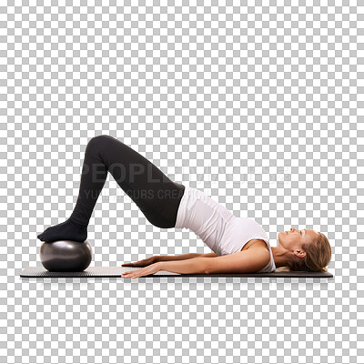 Buy stock photo Ball, fitness and woman stretching for wellness, health and core strength isolated in transparent or png background. Exercise, energy and healthy female person or athlete workout for fitness or sport