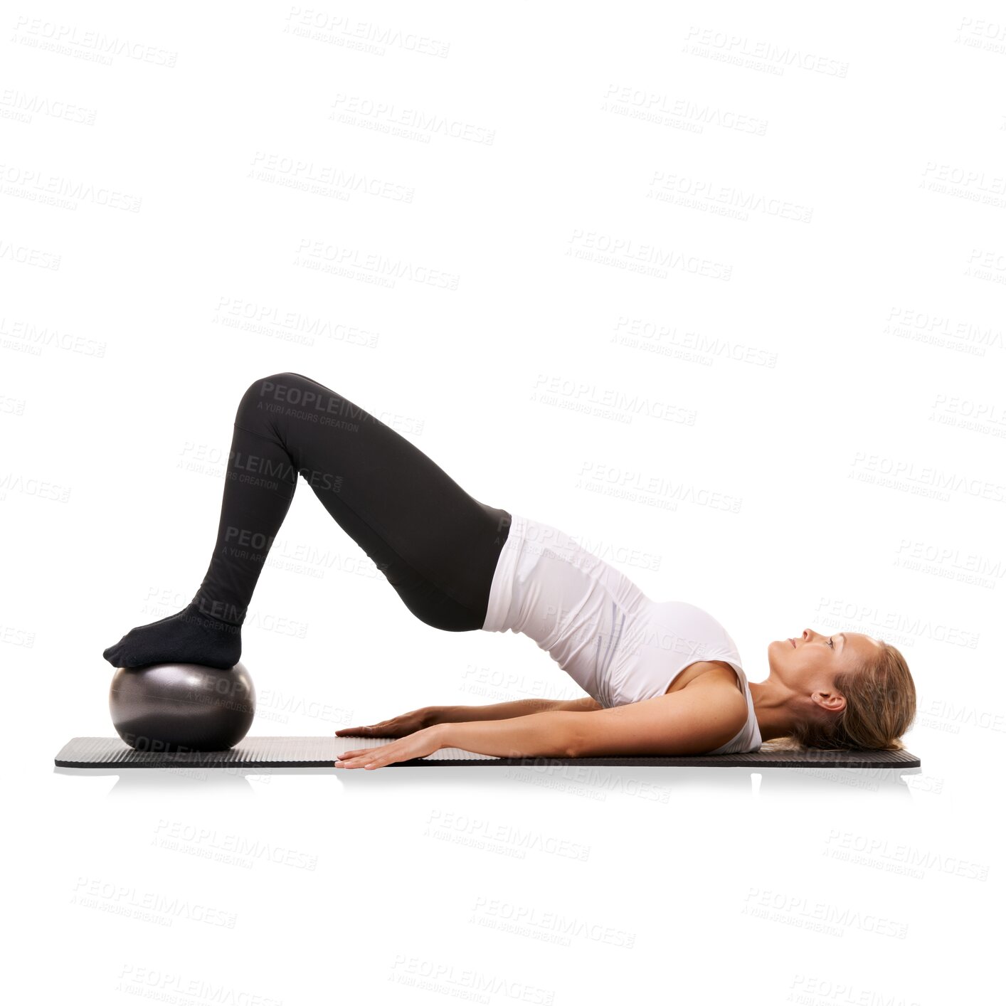 Buy stock photo Ball, fitness and woman stretching for wellness, health and core strength isolated in transparent or png background. Exercise, energy and healthy female person or athlete workout for fitness or sport