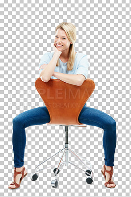 Buy stock photo Happy, portrait and blonde woman on chair isolated on a transparent png background. Style, fashion and smile of female person sitting on seat with casual clothes, outfit and trendy jeans in Sweden