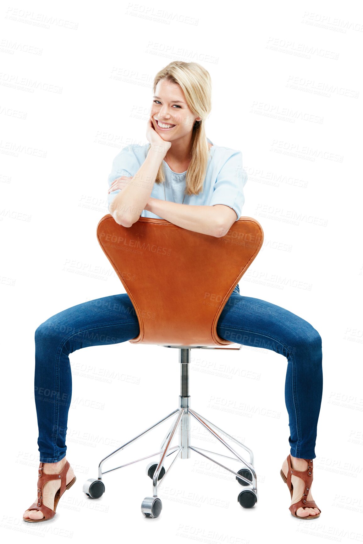 Buy stock photo Happy, portrait and blonde woman on chair isolated on a transparent png background. Style, fashion and smile of female person sitting on seat with casual clothes, outfit and trendy jeans in Sweden