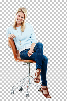 Buy stock photo Portrait, fashion and blonde woman on chair isolated on a transparent png background. Style, smile and female person sitting on seat with casual clothes, fashionable outfit and trendy jeans in Sweden