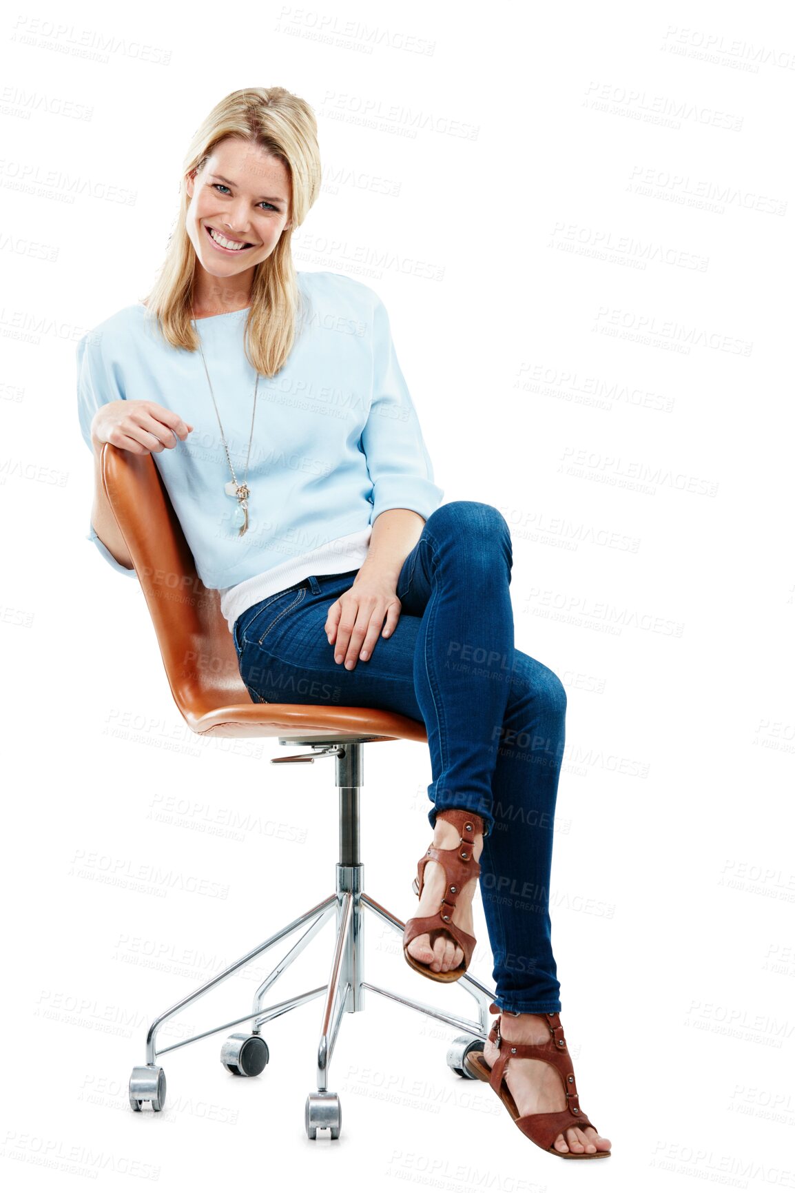 Buy stock photo Portrait, fashion and blonde woman on chair isolated on a transparent png background. Style, smile and female person sitting on seat with casual clothes, fashionable outfit and trendy jeans in Sweden