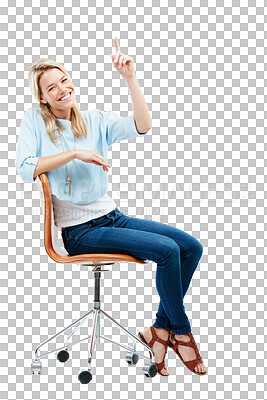 Buy stock photo Portrait, business and woman on a chair, pointing up or model isolated on a transparent background. Receptionist, female person or employee sitting, hand gesture or png with professional or secretary