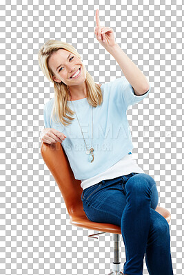 Buy stock photo Happy woman on chair, pointing up and announcement with advertising, opportunity information and offer. News, communication and female model with marketing isolated on transparent png background