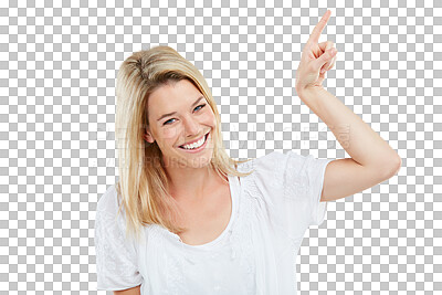 Buy stock photo Happy, pointing and a portrait of a woman for marketing, promotion or showing. Smile, young and a lady with a gesture for advertising, branding or presenting isolated on a transparent png background