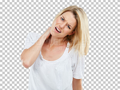 Buy stock photo Frustrated, neck pain and portrait of woman in stress or depression isolated on a transparent PNG background. Anxious female person with injury, inflammation or mental health problems from anxiety