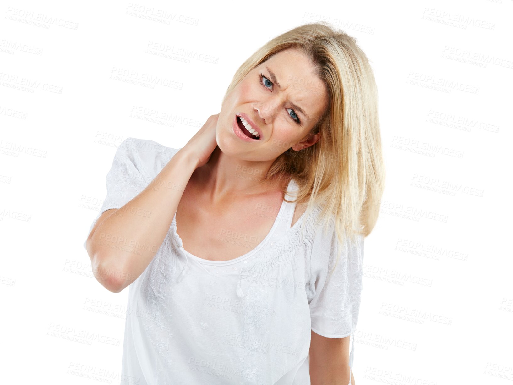 Buy stock photo Frustrated, neck pain and portrait of woman in stress or depression isolated on a transparent PNG background. Anxious female person with injury, inflammation or mental health problems from anxiety