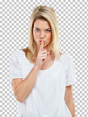 Buy stock photo Woman, portrait and finger on mouth for secret, confidential or silent isolated on a transparent PNG background. Sneaky female person with silence gesture, quiet or shush hands for gossip or whisper