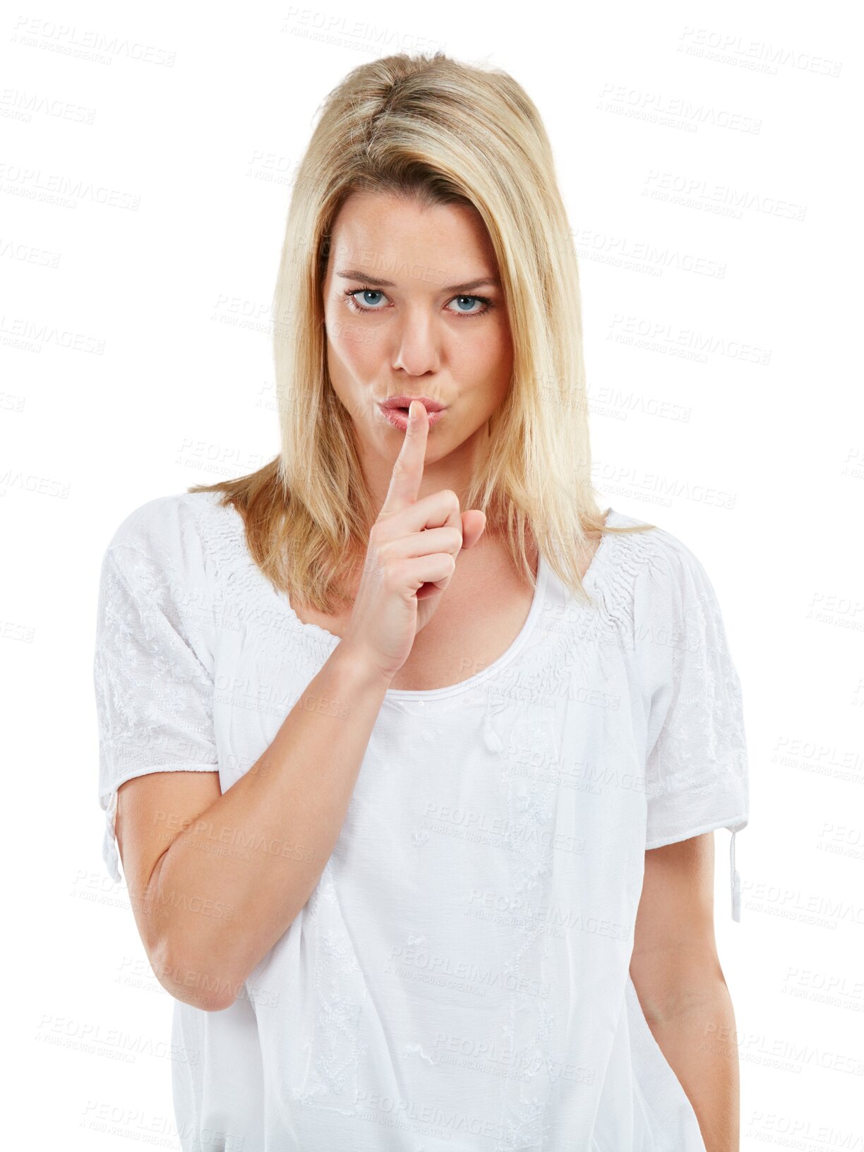 Buy stock photo Woman, portrait and finger on mouth for secret, confidential or silent isolated on a transparent PNG background. Sneaky female person with silence gesture, quiet or shush hands for gossip or whisper