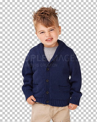 Buy stock photo Happy, portrait of a little boy and with attitude isolated in a transparent png background for wellness. Crazy or positive, goofy or silly and cheerful young male kid posing for good news smiling