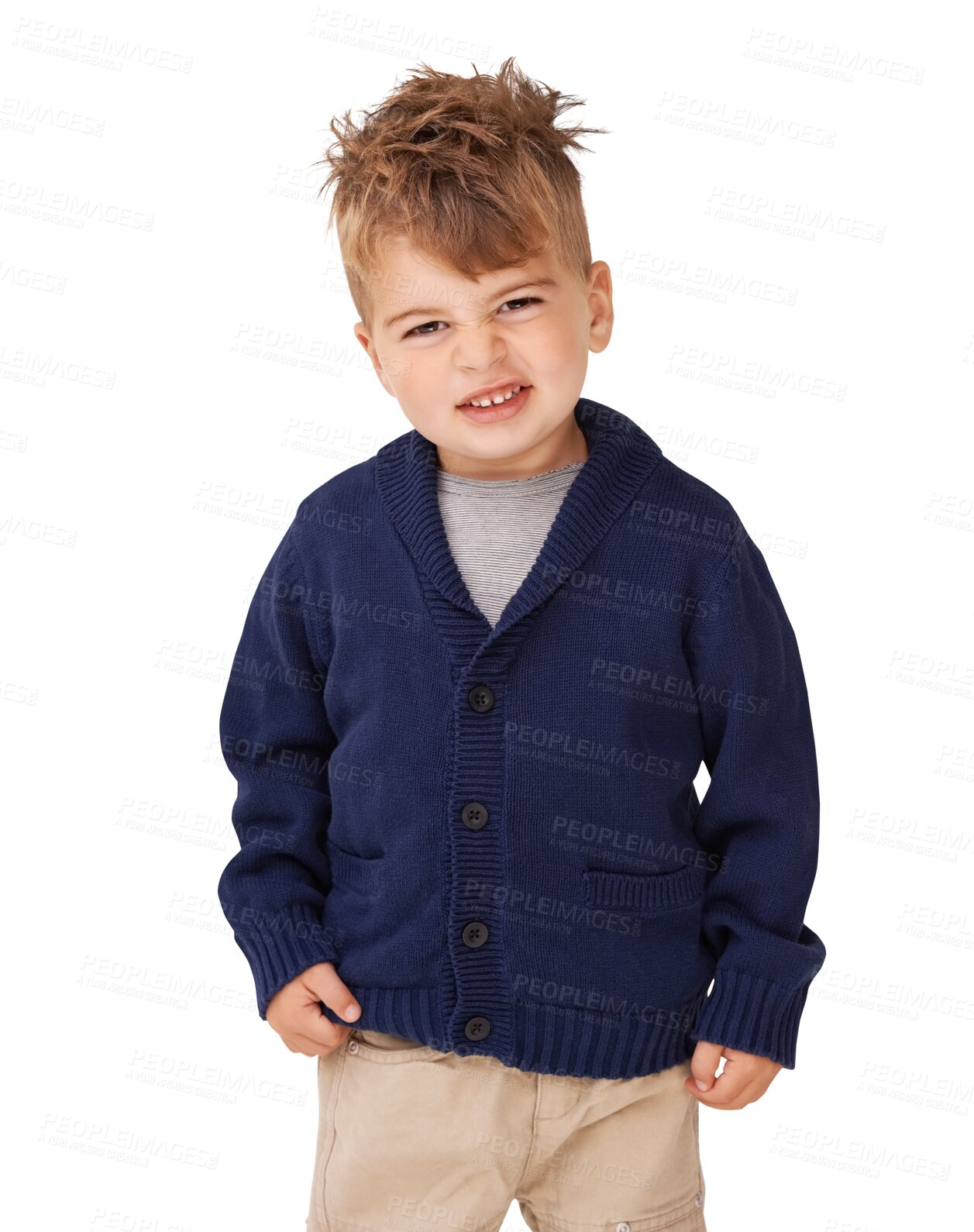 Buy stock photo Happy, portrait of a little boy and with attitude isolated in a transparent png background for wellness. Crazy or positive, goofy or silly and cheerful young male kid posing for good news smiling