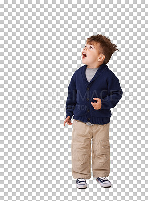 Buy stock photo Boy, child and surprise is looking up with shock in png or isolated in transparent background. Wow, excited and amazed with kid or happy and omg expression and wonder or curious, cute in clothes.