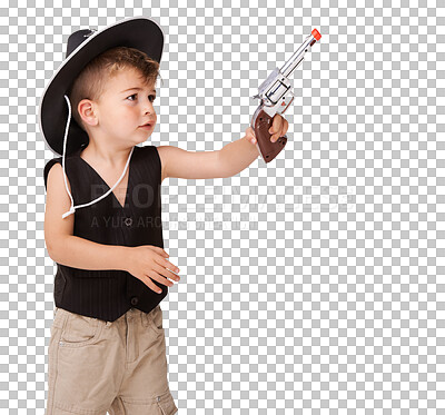 Buy stock photo Cute, gun and a child as a cowboy for halloween, party or an event for celebration. Playful, adorable and a boy kid playing a western character for a birthday isolated on a transparent png background