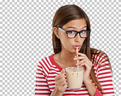 Buy stock photo Milkshake, drinking and portrait of woman or student and fun drink for gen z cafe or coffee shop. Ice tea of college person, customer or model in trendy glasses isolated on transparent png background