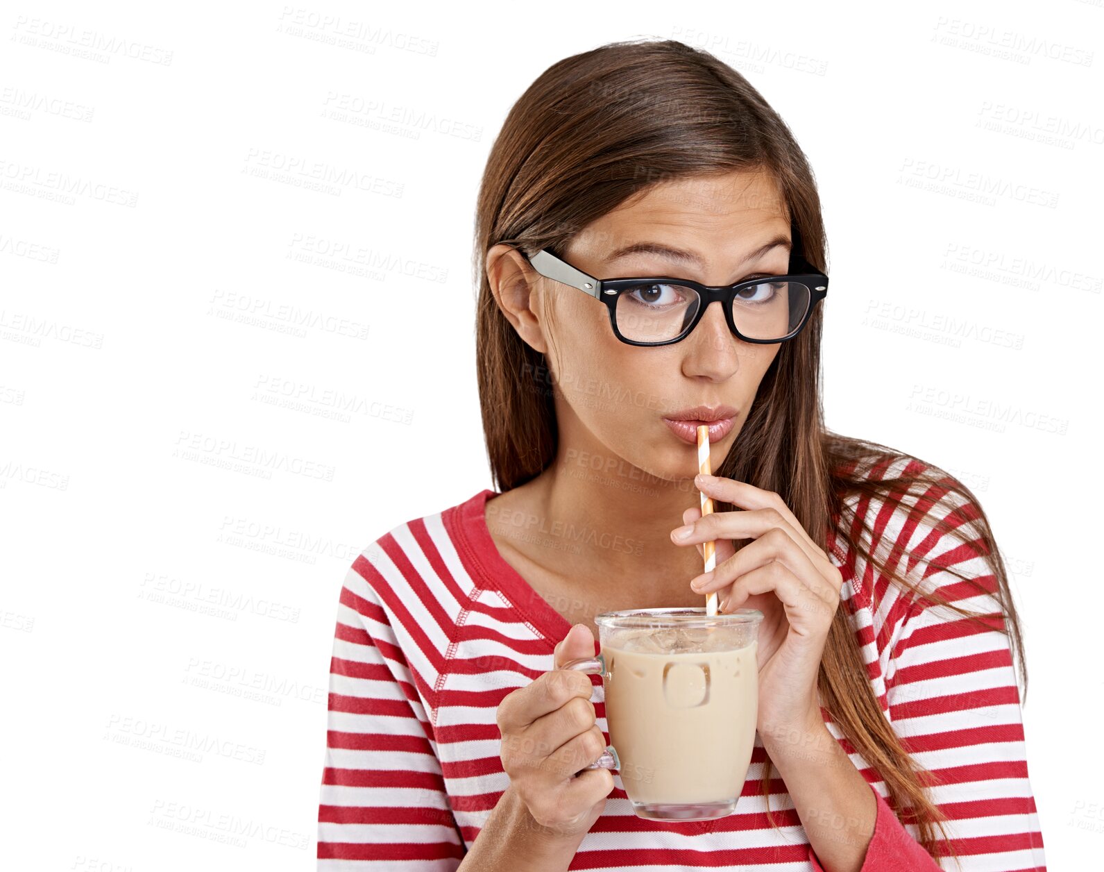 Buy stock photo Milkshake, drinking and portrait of woman or student and fun drink for gen z cafe or coffee shop. Ice tea of college person, customer or model in trendy glasses isolated on transparent png background