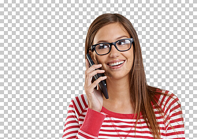 Buy stock photo Phone call, thinking and happy woman or student in university choice or feedback isolated on transparent png background. News, contact and person for help, info and college or education communication