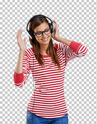 Buy stock photo Headphones, listening and happy woman dance, streaming audio or mental health podcast. Smile, dancing and young person or student with music electronics or tech isolated on transparent png background