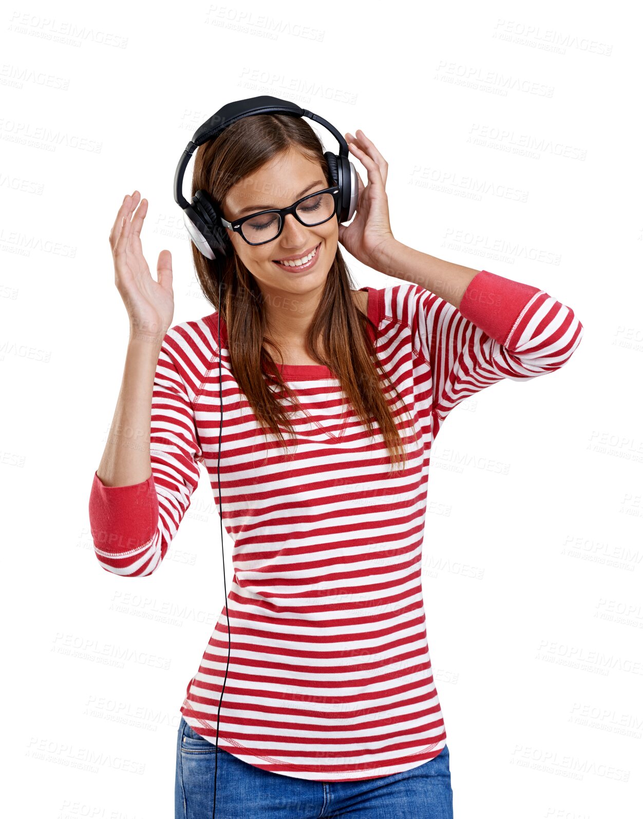 Buy stock photo Headphones, listening and happy woman dance, streaming audio or mental health podcast. Smile, dancing and young person or student with music electronics or tech isolated on transparent png background