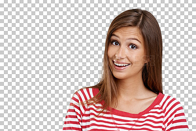 Buy stock photo Happy, surprised and portrait of woman on transparent background for cheerful, casual and carefree. Happiness, smile and news with face of female person isolated on png for pride and confidence