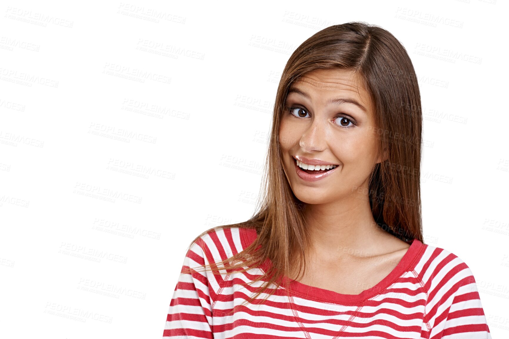 Buy stock photo Happy, surprised and portrait of woman on transparent background for cheerful, casual and carefree. Happiness, smile and news with face of female person isolated on png for pride and confidence