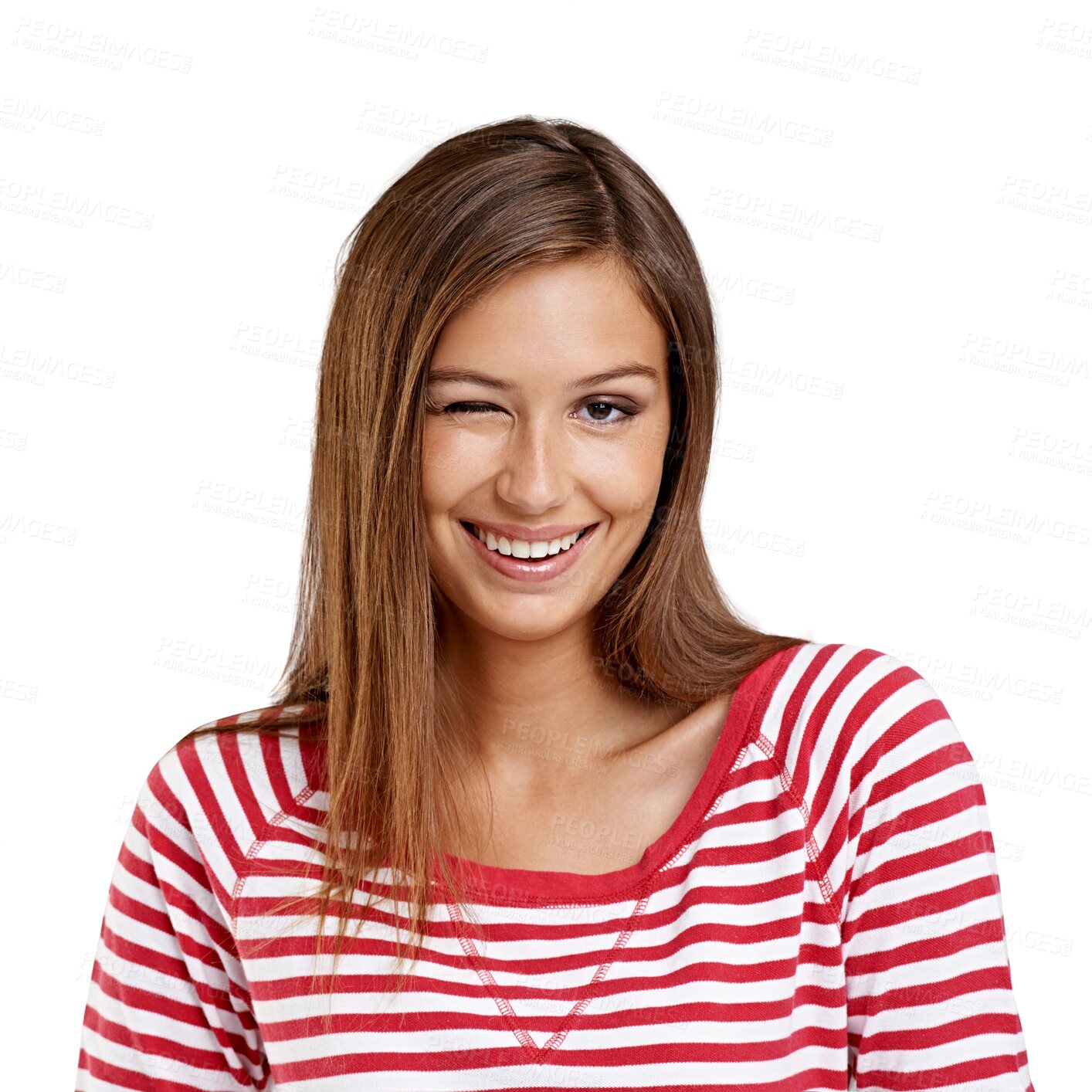 Buy stock photo Happy, wink and portrait of a young woman with a flirting face expression with confidence. Happiness, smile and headshot of a beautiful flirty female model isolated by a transparent png background.