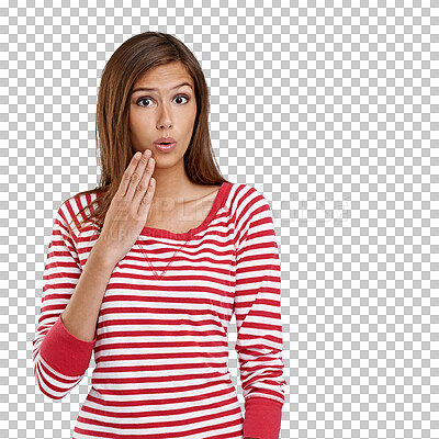 Buy stock photo Surprise, portrait and girl is amazed with clothes in png or isolated and transparent background. Wow, hand and woman with gossip, news and confused expression for secret, rumor and shock for alert