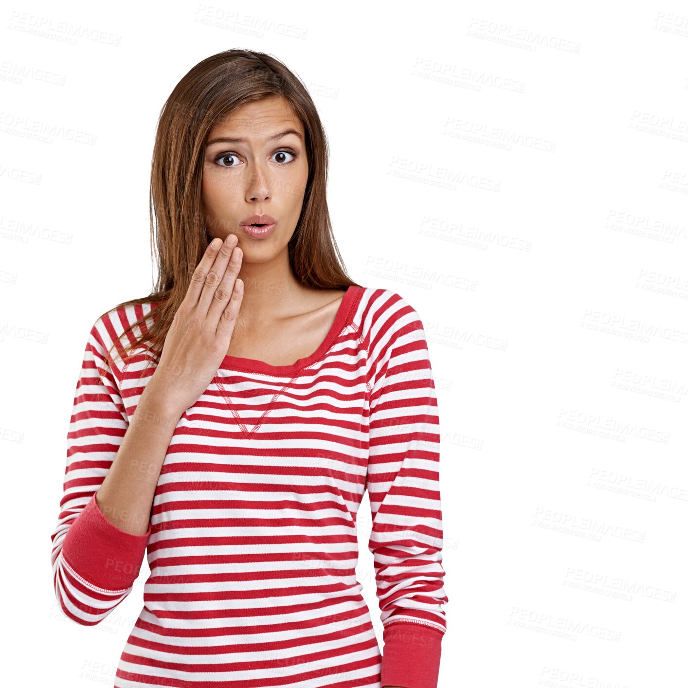 Buy stock photo Surprise, portrait and girl is amazed with clothes in png or isolated and transparent background. Wow, hand and woman with gossip, news and confused expression for secret, rumor and shock for alert