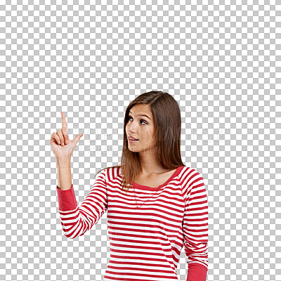 Buy stock photo Thinking, pointing up and woman with promotion, decision and girl isolated against a transparent background. Female person, lady or model with hand gesture, showing and deal with png, choice and sale