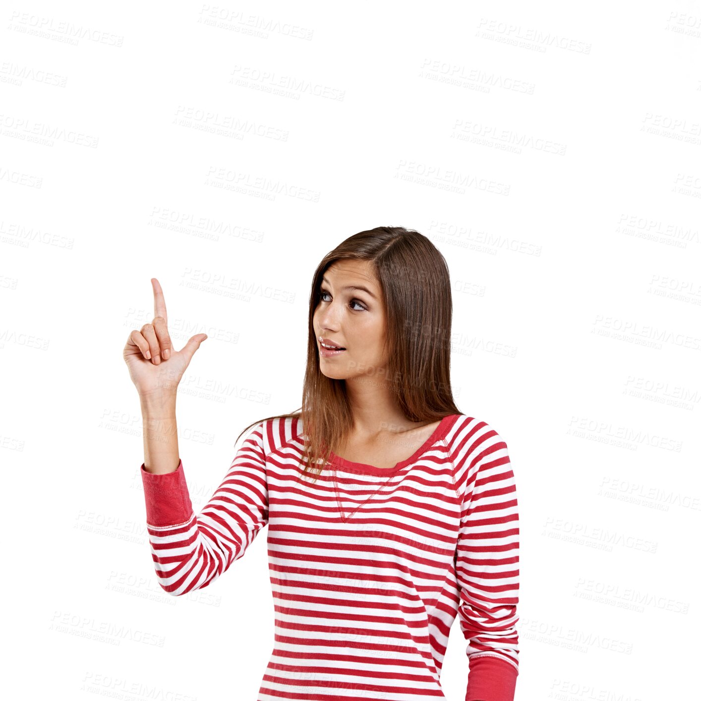 Buy stock photo Thinking, pointing up and woman with promotion, decision and girl isolated against a transparent background. Female person, lady or model with hand gesture, showing and deal with png, choice and sale