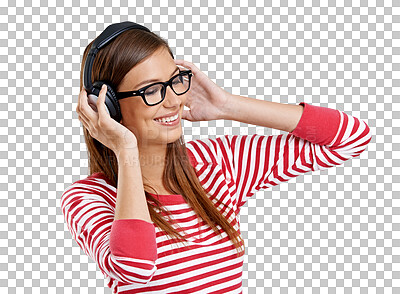 Buy stock photo Happy woman, headphone and listening, audio streaming and mental health podcast or radio. Smile, calm and young person or student with music electronics or tech isolated on transparent png background