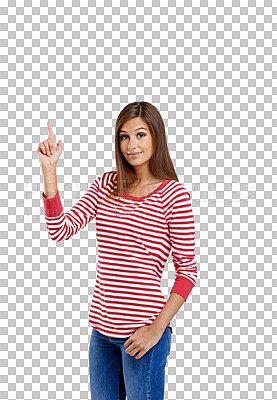 Buy stock photo Thinking, pointing up and woman with portrait decision or girl isolated against a transparent background. Female person, lady or model with hand gesture, showing or deal with png, choice or direction