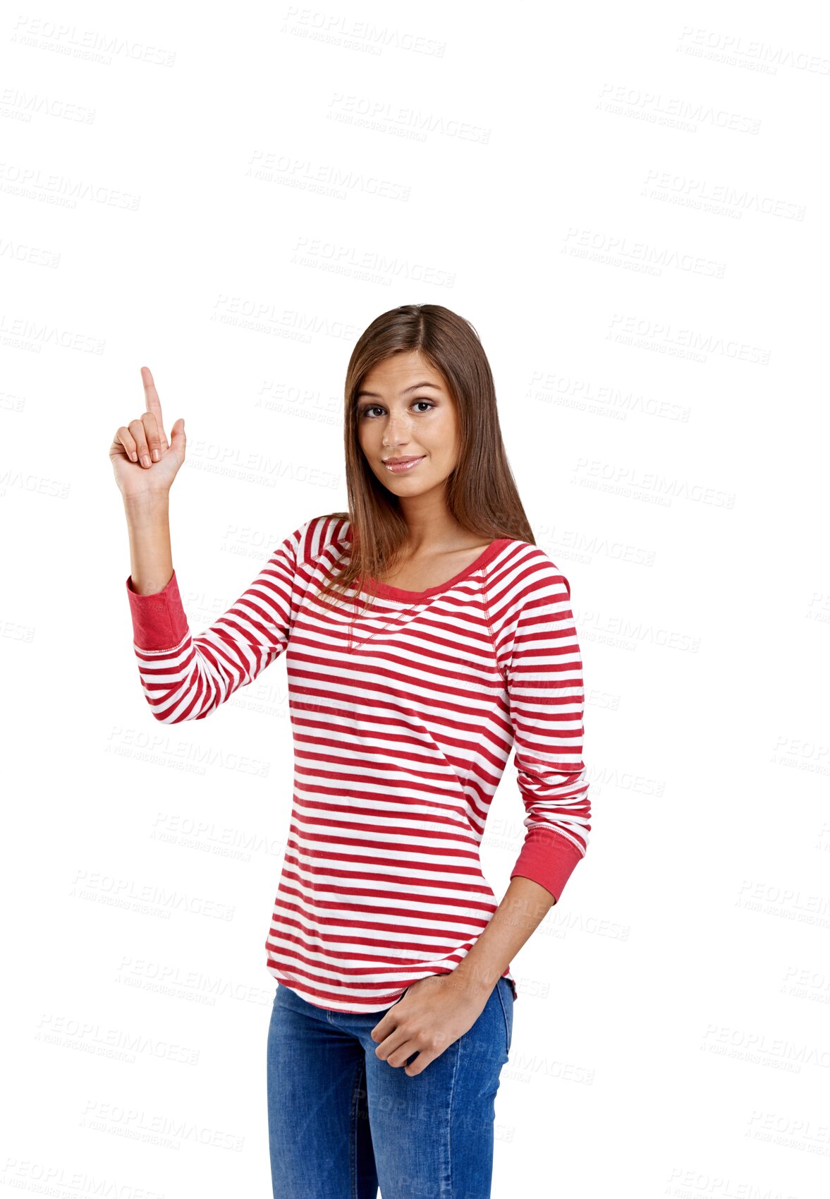 Buy stock photo Thinking, pointing up and woman with portrait decision or girl isolated against a transparent background. Female person, lady or model with hand gesture, showing or deal with png, choice or direction