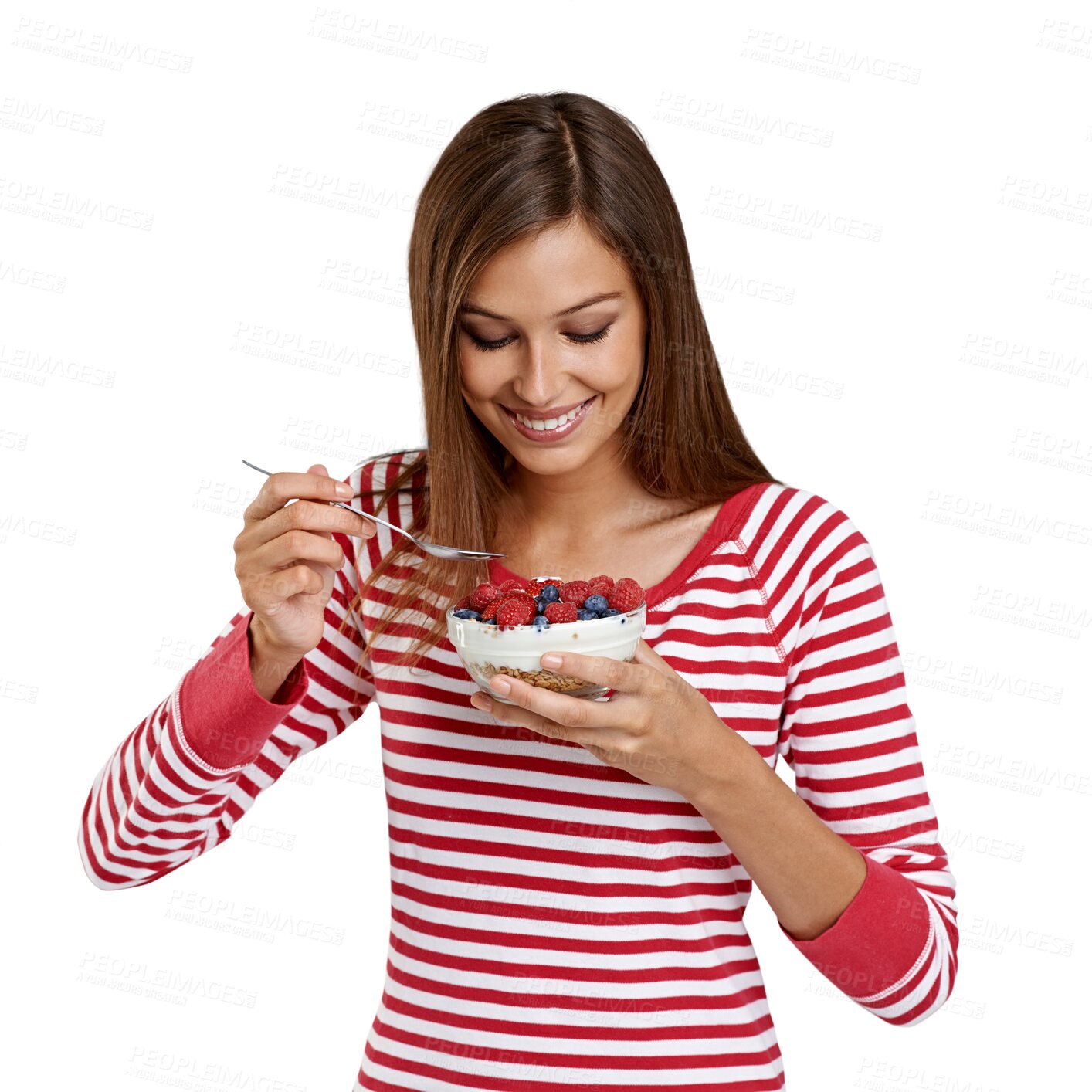 Buy stock photo Healthy, fruit and woman on a diet eating bowl of breakfast food or berries isolated in a transparent or png background. Nutrition, happy and young female person eat salad for health and wellness