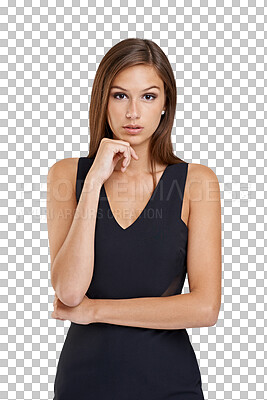 Buy stock photo Fashion, portrait and woman with beauty and dress in png or isolated with transparent background. Clothes, girl and designer brand with confidence or trendy style for retail with advertising.