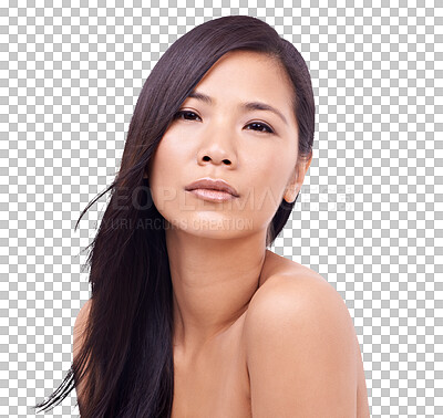 Buy stock photo Asian woman, portrait and beauty hair for salon treatment isolated on a transparent PNG background. Face of female person or young model with long hairstyle in relax for cosmetics, product or keratin