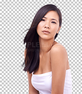 Buy stock photo Hair care, beauty and portrait of a young woman with a shiny, long and healthy treatment. Self care, cosmetic and Asian female model with a beautiful hairstyle isolated by transparent png background.