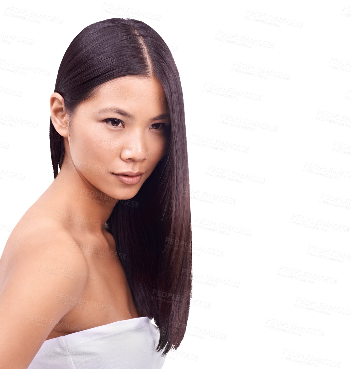 Buy stock photo Beauty, hairstyle and skincare with asian woman on transparent background for cosmetics, natural and spa. Dermatology, glow and salon with face of female person isolated on png for self care