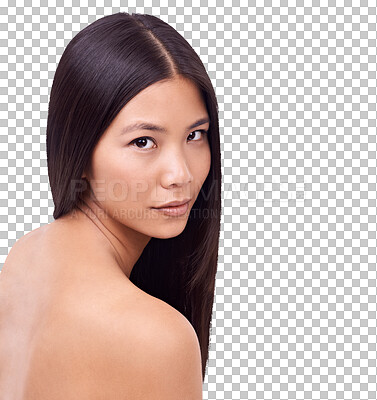 Buy stock photo Asian woman, portrait and hair in natural beauty or salon treatment isolated on a transparent PNG background. Face of female person or model with long hairstyle in relax for cosmetic haircare product