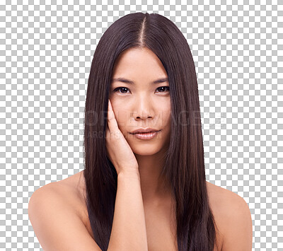 Buy stock photo Asian woman, portrait and hair for natural beauty or salon treatment isolated on a transparent PNG background. Face of calm female person or model in relax for haircare cosmetics, product or keratin